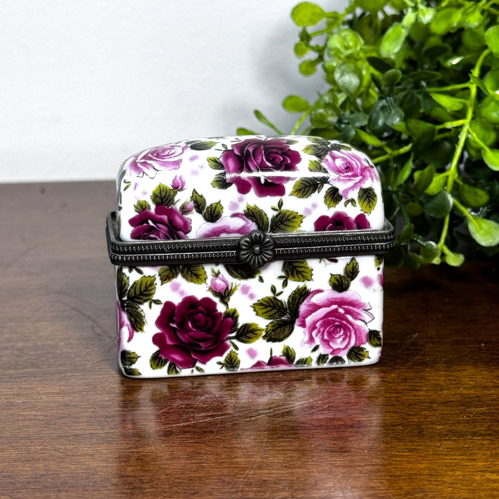 Vintage Porcelain Hinged Chest Shaped Trinket Box 2" Pink Roses